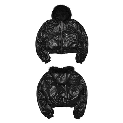 Mauroicardi Spring Autumn Cool Short Oversized Thick Warm Pu Leather Jacket Men with Faux Fur Trim Hood Luxury Designer Clothes