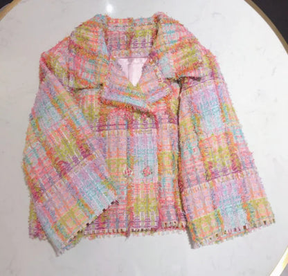 Office Ladies Elegant Mixed Colors Lattice Tweed Jacket Skirt 2 Piece Set Fashion Short Coat Split Skirts Women Matching Sets
