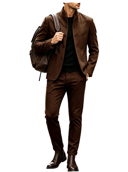 Men's Linen Stand Collar Suit 2-Piece Blazer & Pants Set Slim Fit Business Casual Tuxedo Jacket Trousers Formal Wedding Outfit