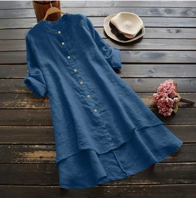 Women's Long Cotton Linen irt Blouse Top Pure Color Stand Collar Button Sve Polyester Fiber Mid-Length Gored Hem