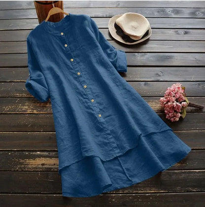 Women's Long Cotton Linen irt Blouse Top Pure Color Stand Collar Button Sve Polyester Fiber Mid-Length Gored Hem