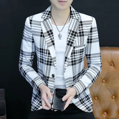 Spring Autumn 2024 Casual Checkered Slim Fit Men's Suit Jacket Korean Style Fashion Handsome Young Men's Clothing