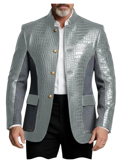 Men's Crocodile Embossed Leather Brown Jacket Patchwork Denim Stand Collar Slim Fit Luxury PU Blazer For Business Casual Party