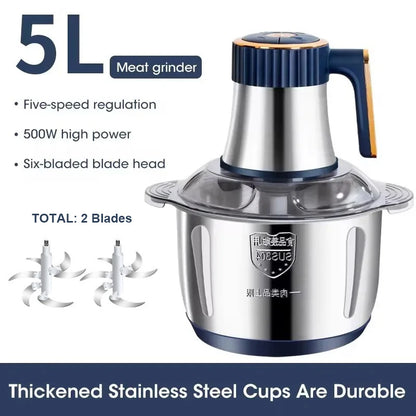 Electric Meat Grinder 5L Stainless Steel Meat Mincer Vegetables Blender, 500W Household Stuffing and Food Processor 5 Speeds
