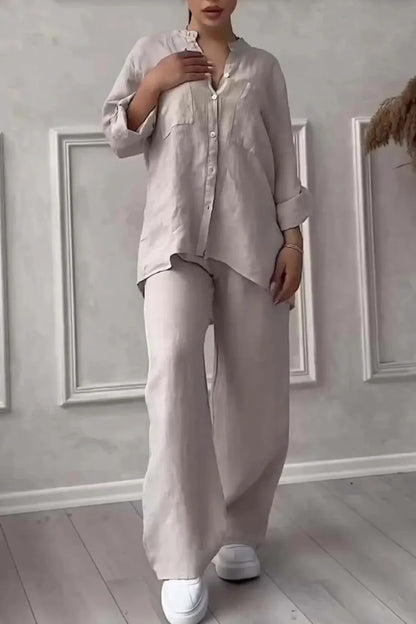 Women's  Color Long Sleeve Shirt And Wide Leg Pants Two-Piece Set Button-Up Tie Waist Long Pants Fashionable Ensemble