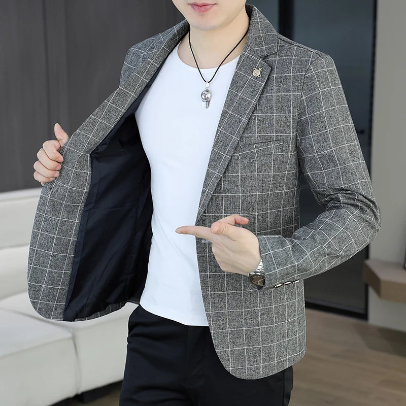 Blazer  Outdoor Men's Cycling Fashion Business Casual Checkered Korean Version Personalized Hiking Wedding Formal Wear Blazer