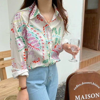Chic Women's Shirt Vintage Gentle Loose Design Sensation Elegance Korean Style Long Sleeve  Collar Print Casual Fashion