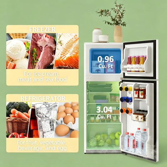 Compact White Double Door Mini Fridge with Freezer, Adjustable Temp Control, Quiet Small Refrigerator for Bedroom, Dorm, Office, Apartment, Ideal for Food Beverage Storage, Energy Saving & Space Saving Cooler