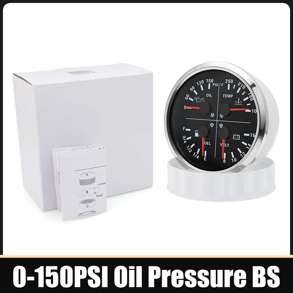110mm 4 In 1 Gauge 0-150PSI / 0-10BAR Oil Pressure Gauge Water Temperature Fuel Level Voltmeter Light Alarm for Car Boat Yacht