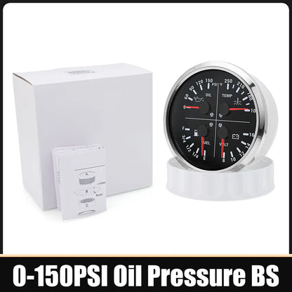 110mm 4 In 1 Gauge 0-150PSI / 0-10BAR Oil Pressure Gauge Water Temperature Fuel Level Voltmeter Light Alarm for Car Boat Yacht