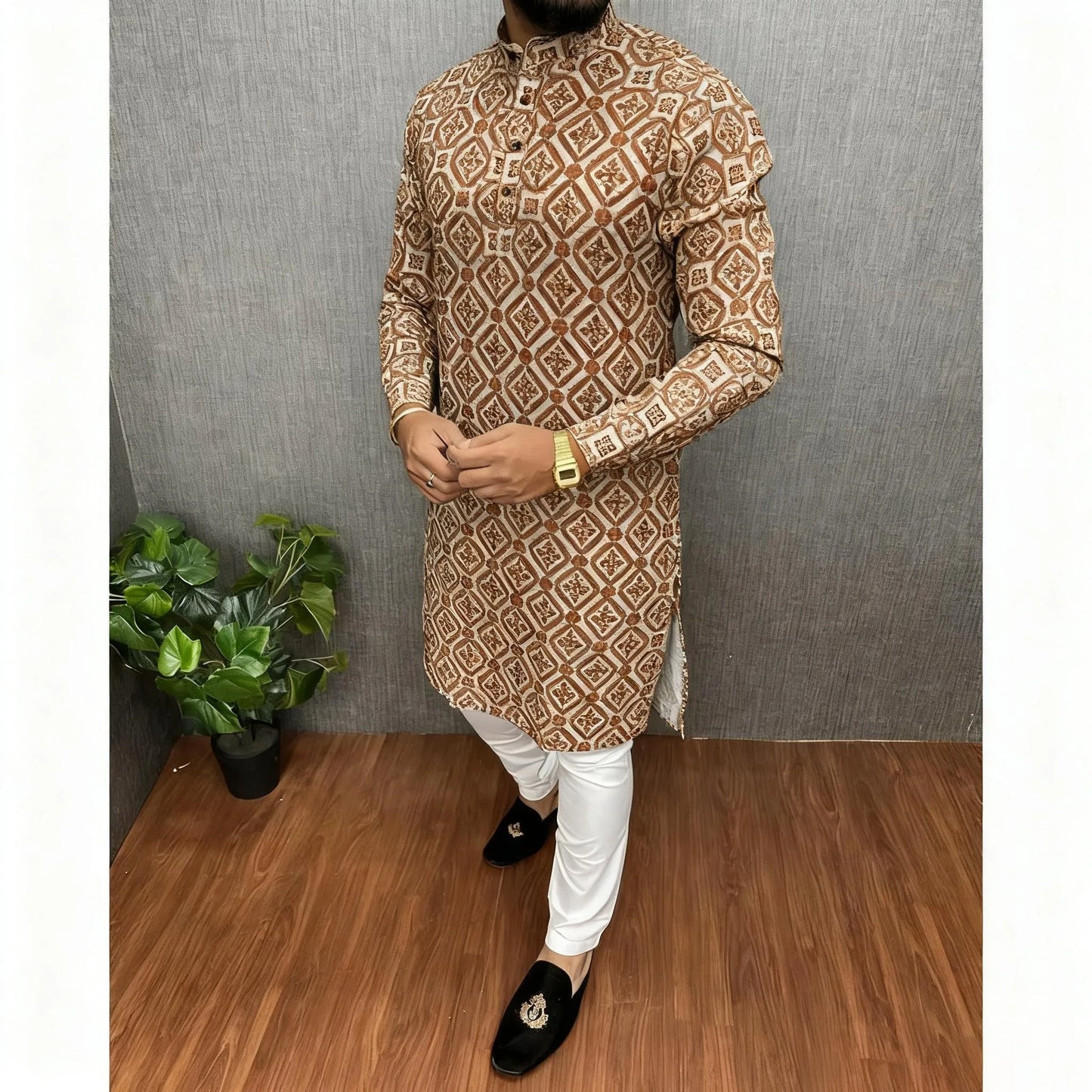 Men Islamic Arabic Abaya Robe Ethnic Print Stand Collar Youth Mid-length Shirt Luxury Coat Moslim Kleding Vestiti Musulmani Uomo