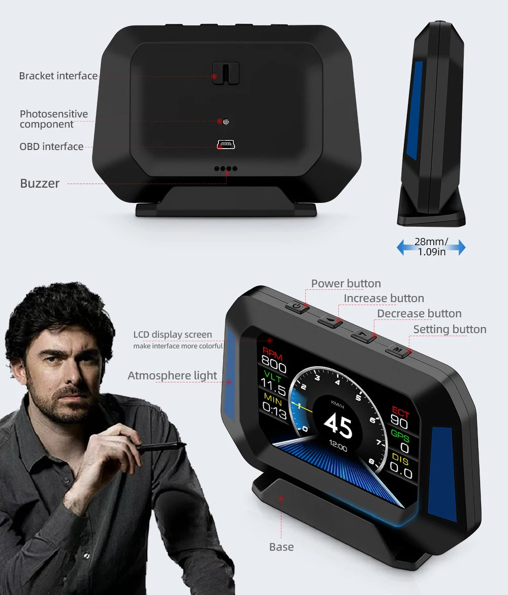 Head up Display OBD + GPS Car Water Temperature Turbo Oil Temperature Multi-function Meter LCD Display Automotive Speed Alarm