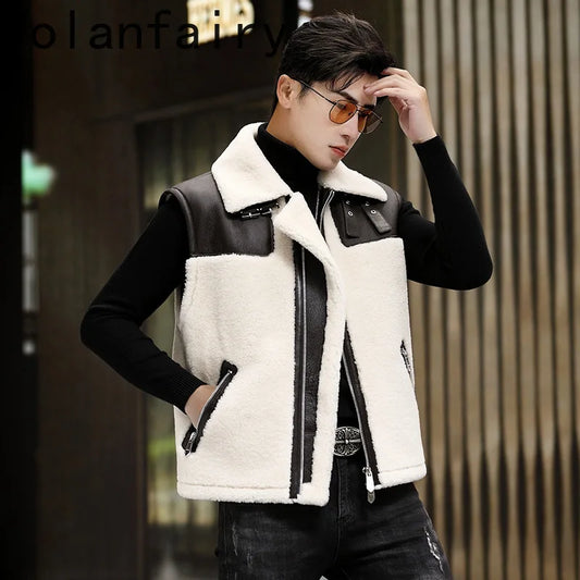 YOLANFAIRY Wool Real Leather Jacket Men Sheepskin Natural Fur Coats Winter Vest Short Thickened Warm Mens Clothes Куртка Мужская