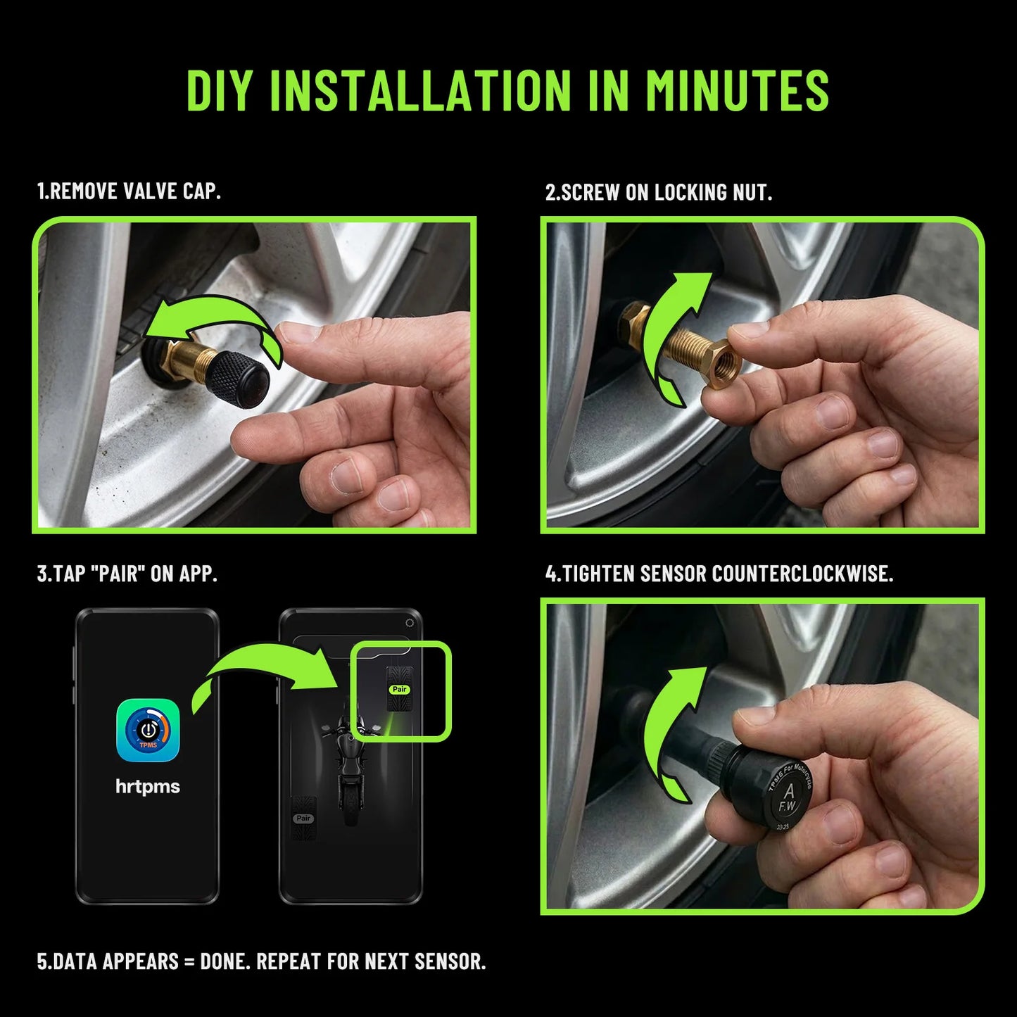 Motorcycle TPMS, Bluetooth 5.0 APP Real-Time Pressure & Temperature Alarm, IP67 Waterproof for Motorbike Scooter ATV