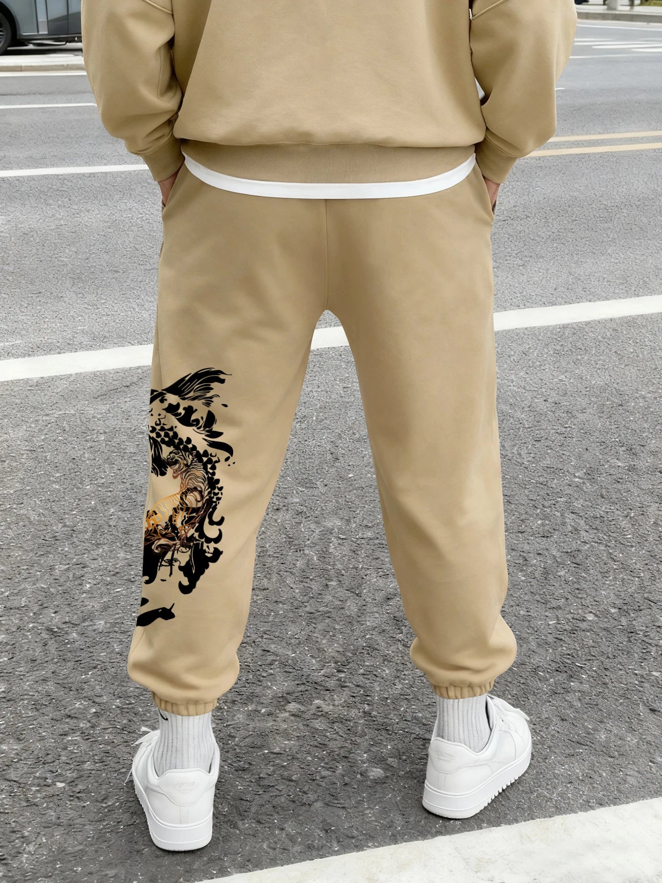 Men's Streetwear Traditional Chinese White Tiger Koi Fish Print Sweatpants Elastic Waist Soft Asian Hip Hop Daily Joggers