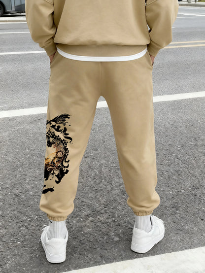 Men's Streetwear Traditional Chinese White Tiger Koi Fish Print Sweatpants Elastic Waist Soft Asian Hip Hop Daily Joggers