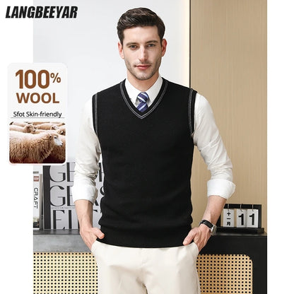 High End 100% Wool New Autum Winter Fashion Brand Knit Pullover Sweater Vest Slim Fit V-neck Sleeveless Casual Mens Clothing