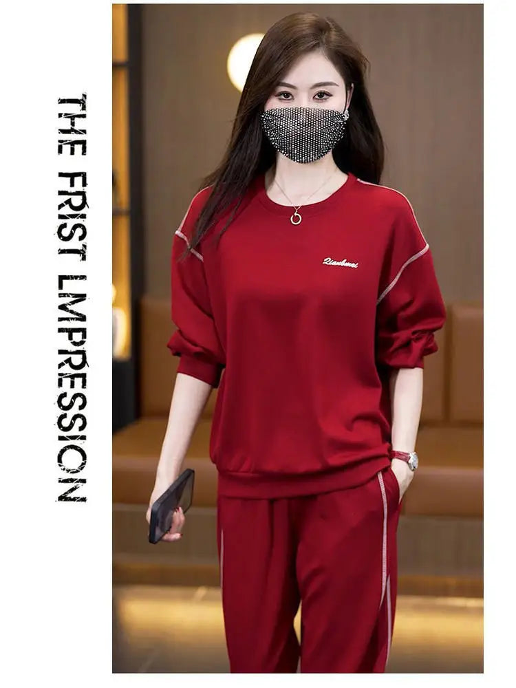 Ladies Large Size Cotton Embroidered Sportswear Set Casual Long Pants Two-Piece Fashionable Outfit for plus Size Women