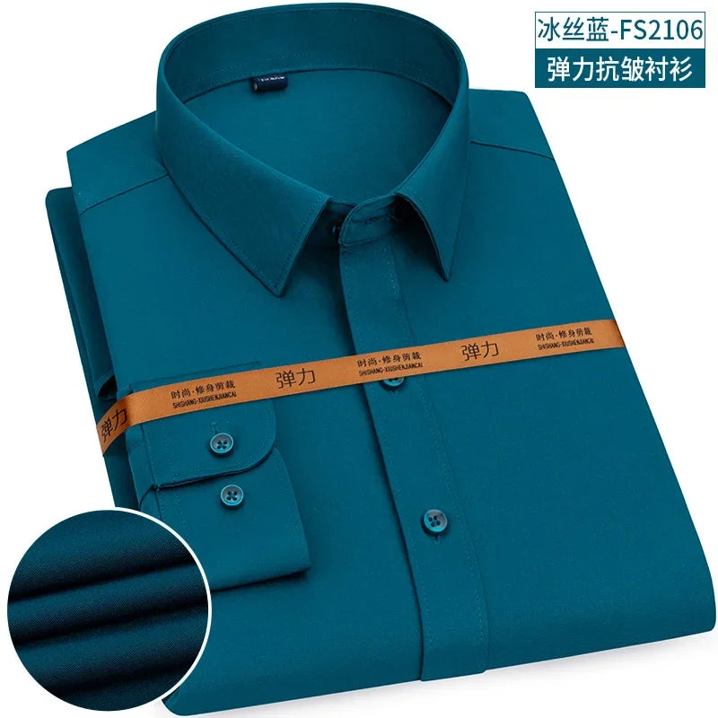 New Men's Shirt Long Sleeve Tooling Elastic Business Slim-fit Non-ironing Long Sleeve High-end Solid Color Men's Casual Shirts