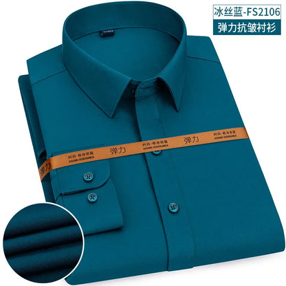 New Men's Shirt Long Sleeve Tooling Elastic Business Slim-fit Non-ironing Long Sleeve High-end Solid Color Men's Casual Shirts