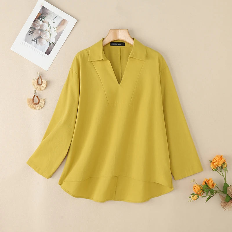 ZANZEA 2025 Autumn Women High-Low Blouses Loose V-Neck Long Sleeve Cotton Linen Fashion Blusas Mujer Everyday Casual Solid Tops