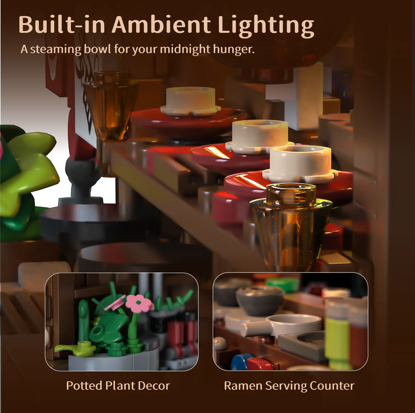 1670PCS Japanese Ramen Restaurant with Lights Building Blocks Set, City Street Scene Architectural Model Ornament, Birthday Gift