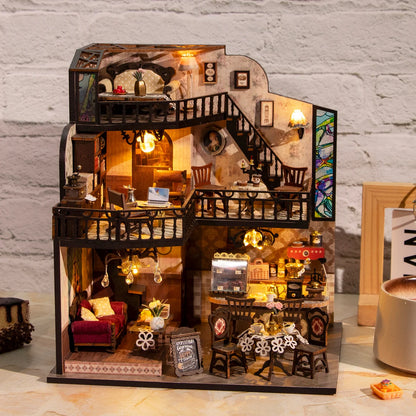 Coffee Villa Miniature Dollhouse Set 3D Puzzle Assembly Model Set DIY Handmade Toy Bookshelf, Wooden Crafts Birthday Gift