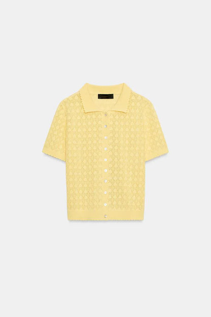 Spring Summer New Lazy Style Women's Knitted Short Sleeve  Shirt Collar Casual Outerwear Classic Pattern Loose Fit Polyes...