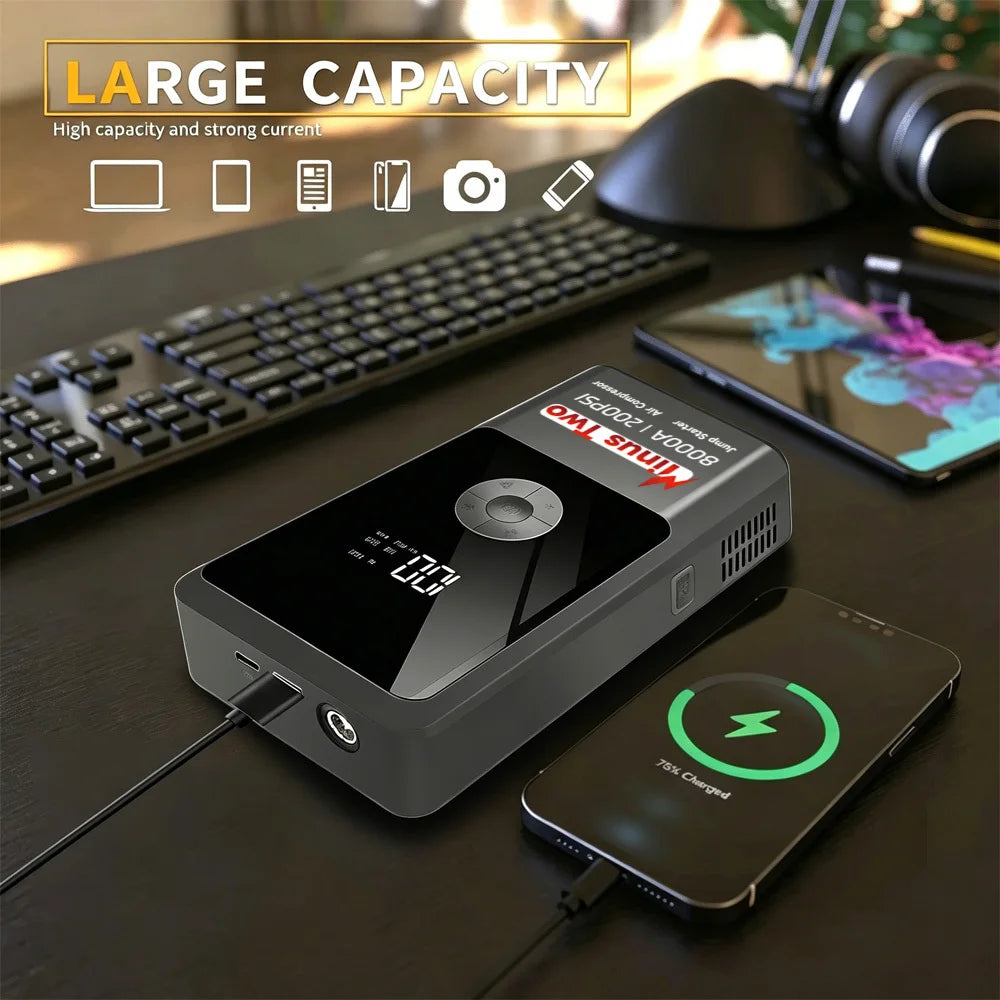 Latest Model High-Capacity Car Emergency Jump Starter with Built-in Tire Inflator, Portable Wireless Electric Air Pump