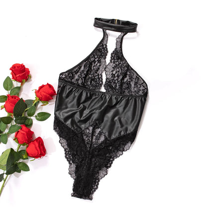 S-XXL Halter Backless Lace Transparent Swimsuit Tight Faux PU Leather High Cut Thong Bodysuit Sexy Clubwear Body Teddies Leotard
