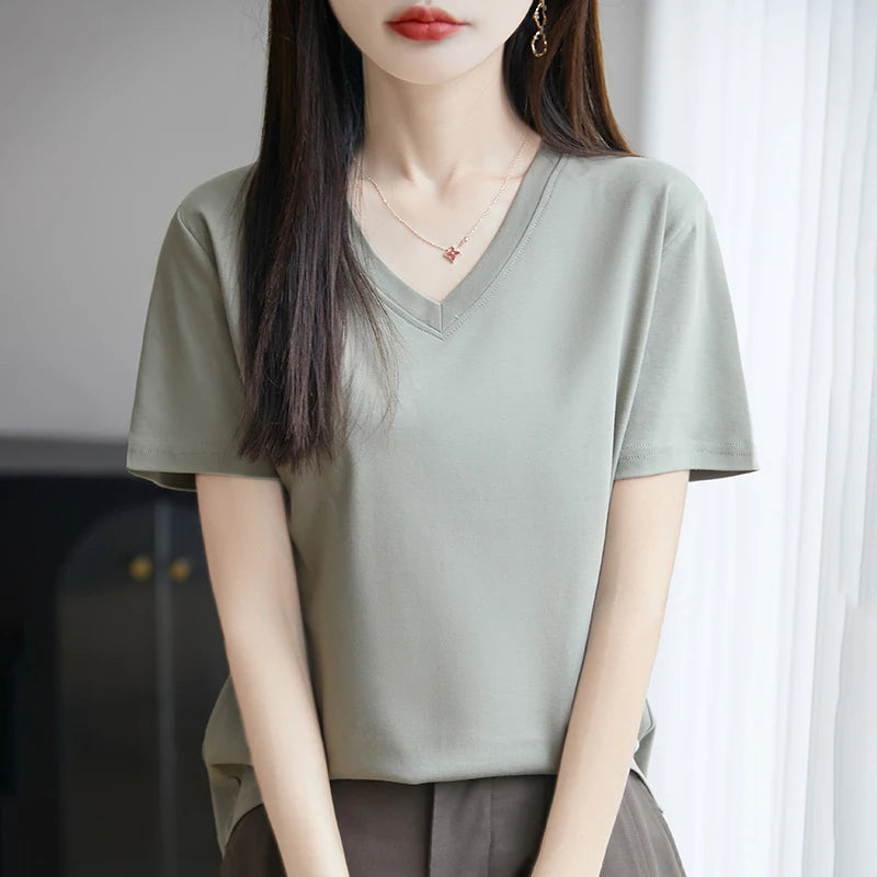 2026 Summer New Pure Cotton V-neck Short-sleeved T-shirt Women's Solid Color Joker Pullover Shirt with Loose Sleeve Bottom Shirt