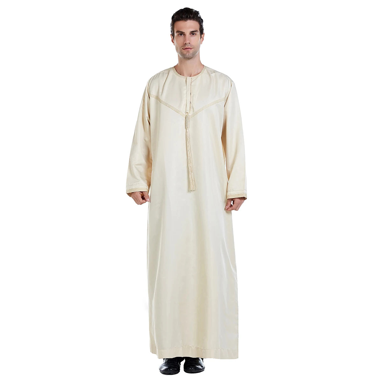 TH816 Men's Muslim Middle Eastern Men Long Sleeves Patchwork Round Collar Button Robe Ramadan Eid Jubba Thobe