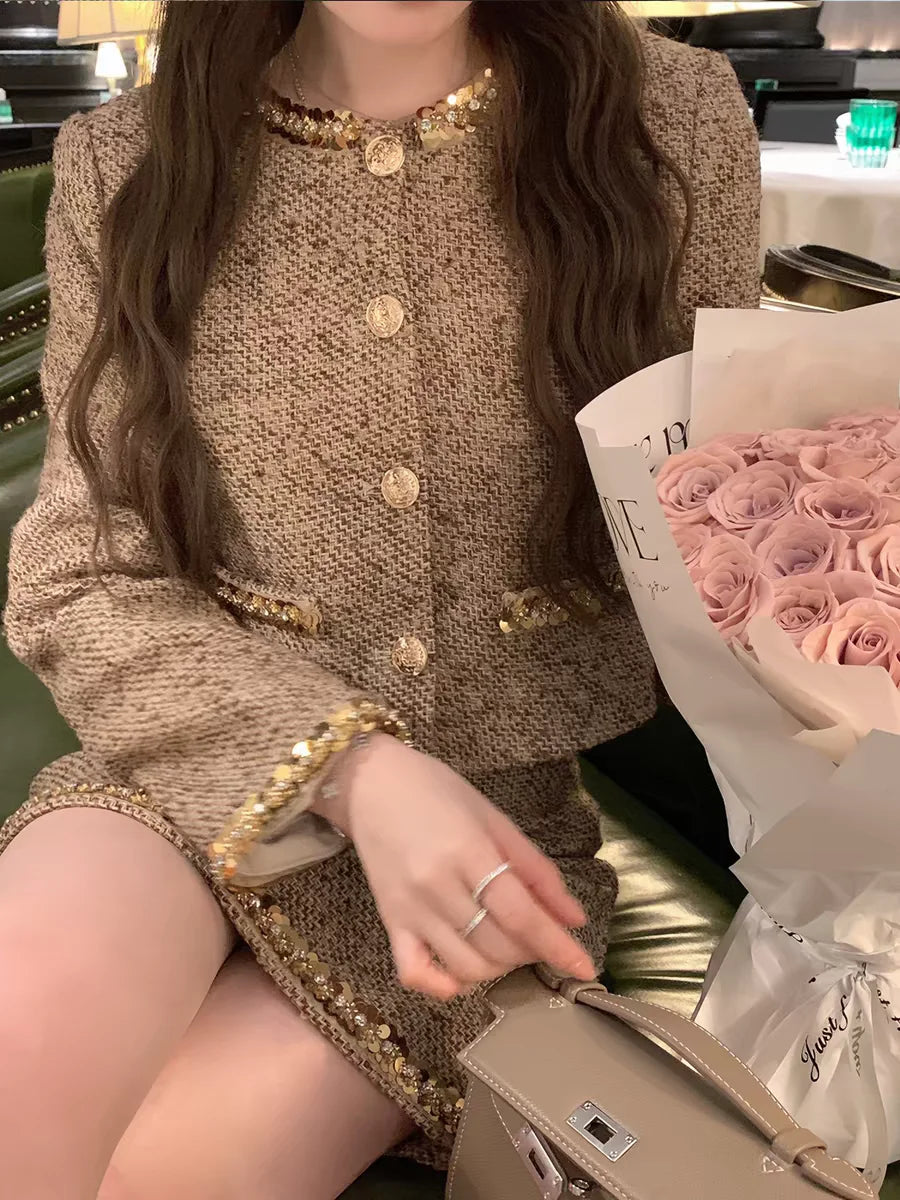 Style Women's Luxury Two-Piece Set Heavy Embroidery Thick Tweed Jacket High Waist  Skirt Fashionable Autumn Spring