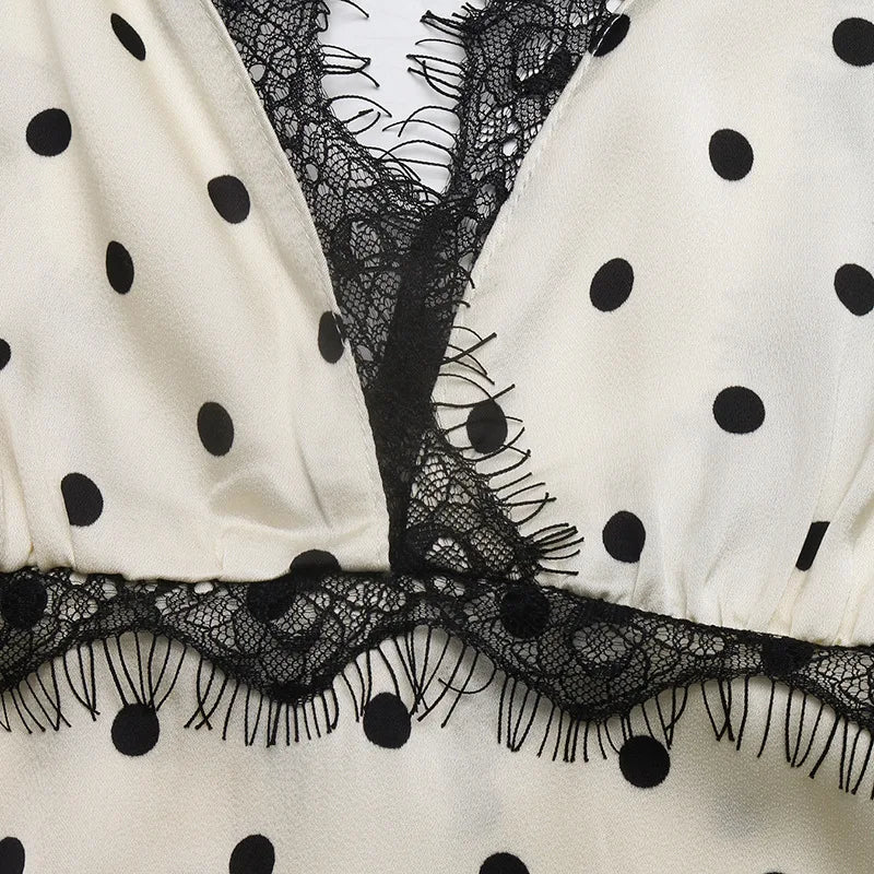 Women's Summer French Vintage Polka Dot Dress Sexy V Neck Lace Trim Short Sleeve Long Maxi Dress Vacation Beach Outfit 2026