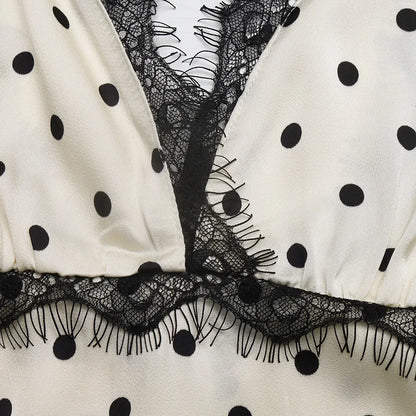 Women's Summer French Vintage Polka Dot Dress Sexy V Neck Lace Trim Short Sleeve Long Maxi Dress Vacation Beach Outfit 2026