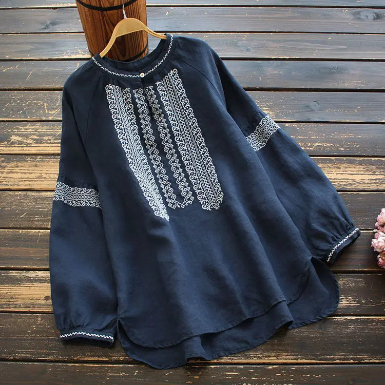 Retro Embroidered Cotton Linen Long Sleeve Women's Shirt Thin Top Large Size Cotton Linen Long Sleeve T-Shirt Commute Wear