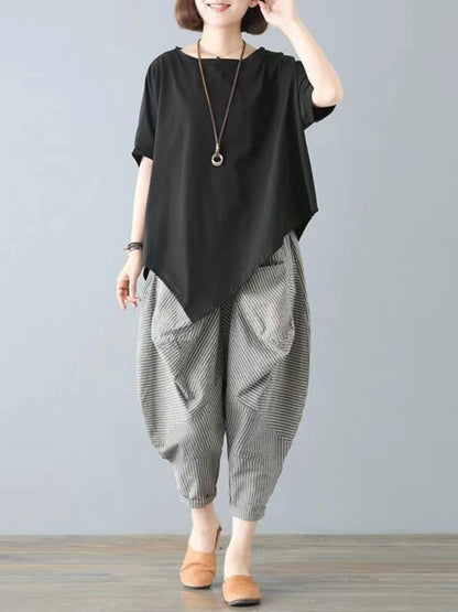 Cotton Blend Loose Fit Casual Women's T-irt And Harlan Pants Set Single Piece Summer Faion Ensemble for plus Size