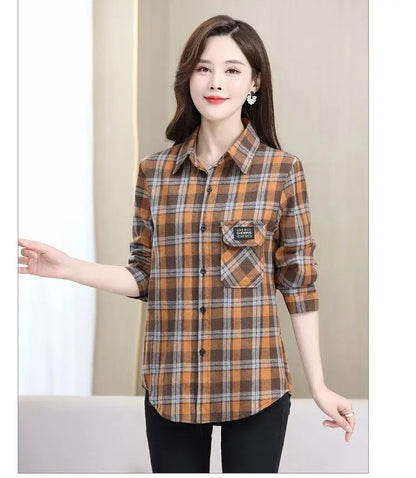 Loose Long Sleeve Mom Shirt Women's New Style Slimming Age-Defying Outerwear Versatile Early Autumn Plaid Outfit  Collar