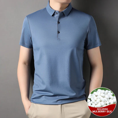 Top Grade 4.7% Mulberry Silk New Summer Brand Luxury Brand Polo Men Shirt Short Sleeve Plain Casual Tops Fashions Men Clothes