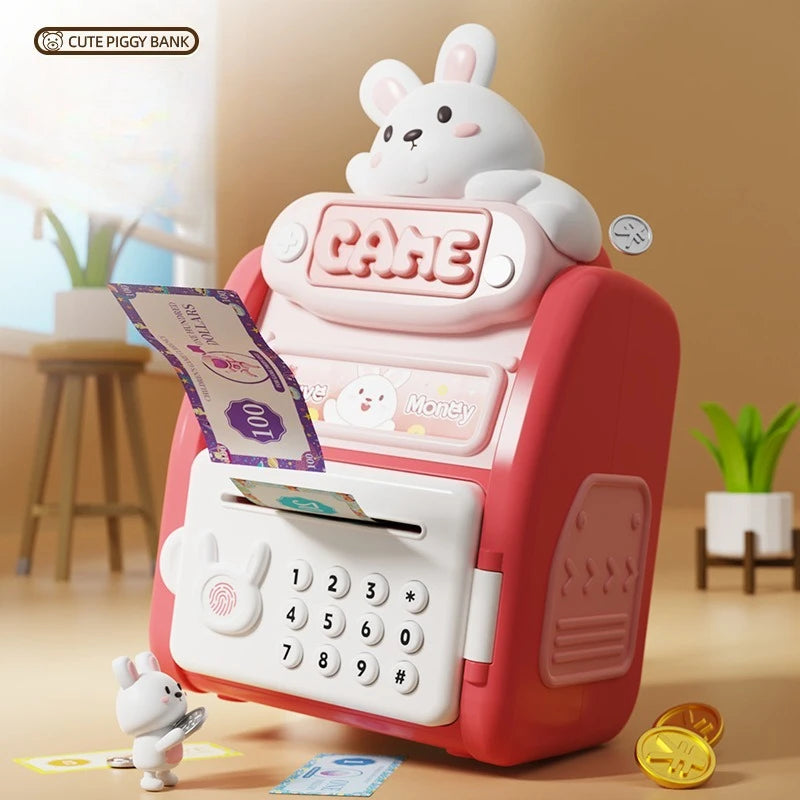 Cute Multifun Ctional Fingerprint Password Lock Intelligent Fully Automatic Coin Rolling Mechanism Suitable Piggy Bank for Kids