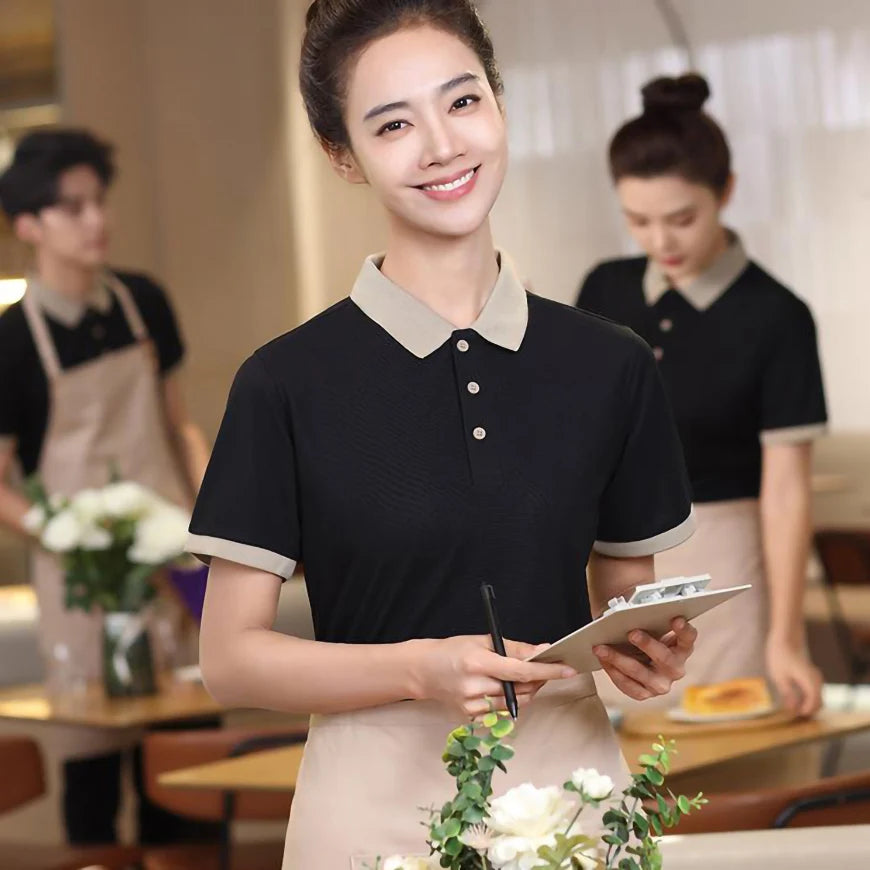 Polos Custom Company Logo Summer Short Sleeves T Shirt for Women Wrinkle-resistant Fabric Men's Overalls Resturant Uniforms Tees