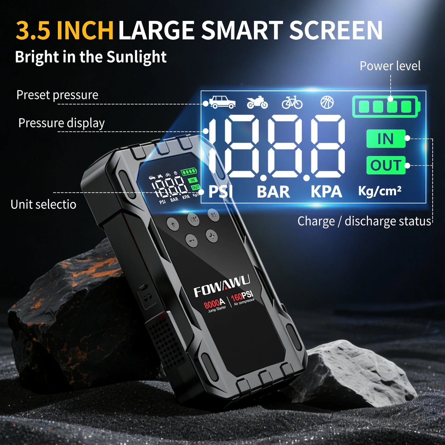 FOWAWU 8000A Jump Starter with Air Compressor, Car Battery Jumper Starter Power Bank,Cordless Auto-Shutoff Tire Inflator 160PSI