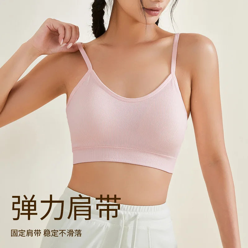 3PCS Women's Ribbed Cotton Bra With Chest Cushion Beautiful Back Sling Tank Top for Yoga Girl's Shock-absorbing Sports Underwear
