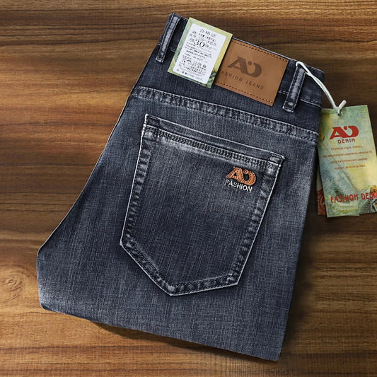 New Business Jeans Men's Casual Straight Stretch Classic Fashion Trousers Blue Smoke Gray Work Denim Pants Male Brand Clothes