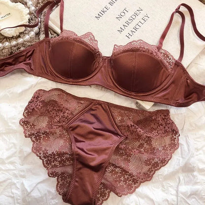 Hot Sale French Style Lace Satin Lingerie Set For Women, Sexy Push Up Thin Comfortable Breathable Daily Wear Intimates Bra Set