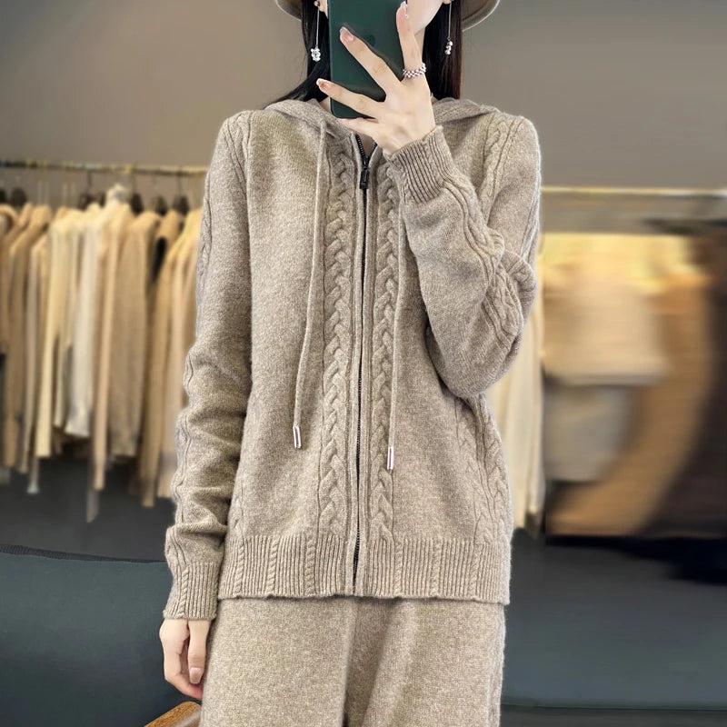 Women's Pure Cashmere Hooded Cardigan 2-Piece Set with Twisted Flower Design Loose Sweater And Wide-Leg Pants Wool Blend