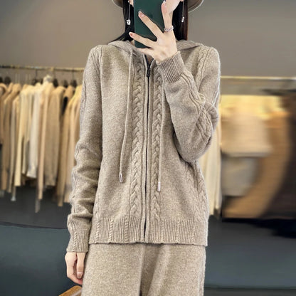 Women's Pure Cashmere Hooded Cardigan 2-Piece Set with Twisted Flower Design Loose Sweater And Wide-Leg Pants Wool Blend