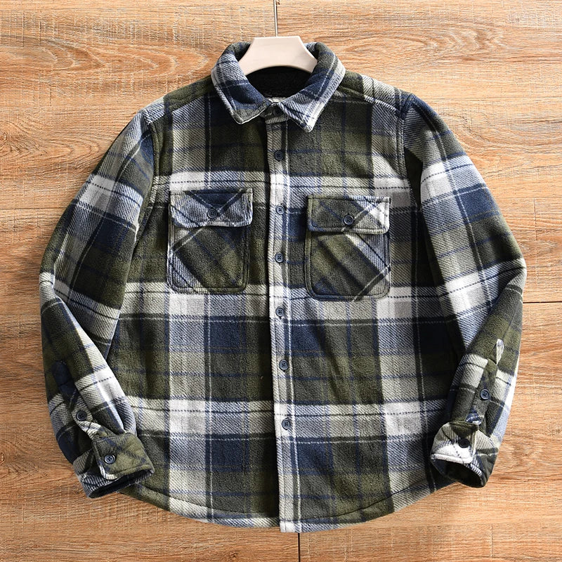 Double-Sided Fleece Plaid Shirt Jacket Thickened Casual Men's Winter Outerwear American Style Standard Fit Long Sleeve Button...
