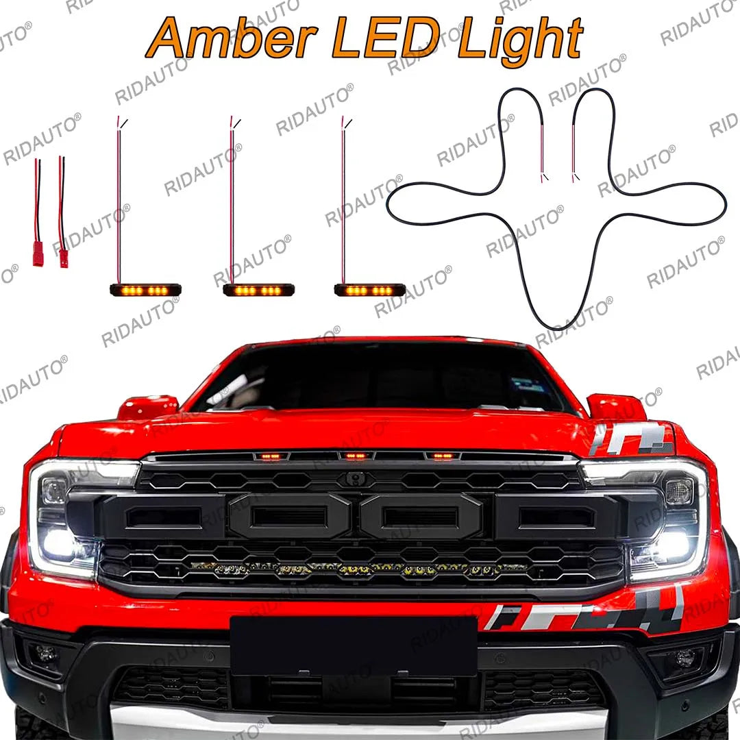 For Aftermarket Raptor Grille 3Pcs Amber White LED Light Pickup Grille Light DIY LED Light Fit For FORD RANGER RAPTOR 2023-2025+