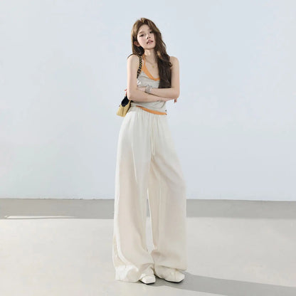 Loose wide-leg pants, classic style, drapey floor-length with drawstring, versatile thin linen straight casual pants for women